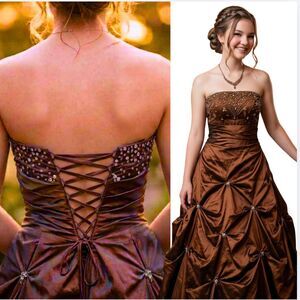 VTG Prom Dress Maxi Ball Gown Brown Bronze Sequin Y2K Bubble Empire Princess 6 S